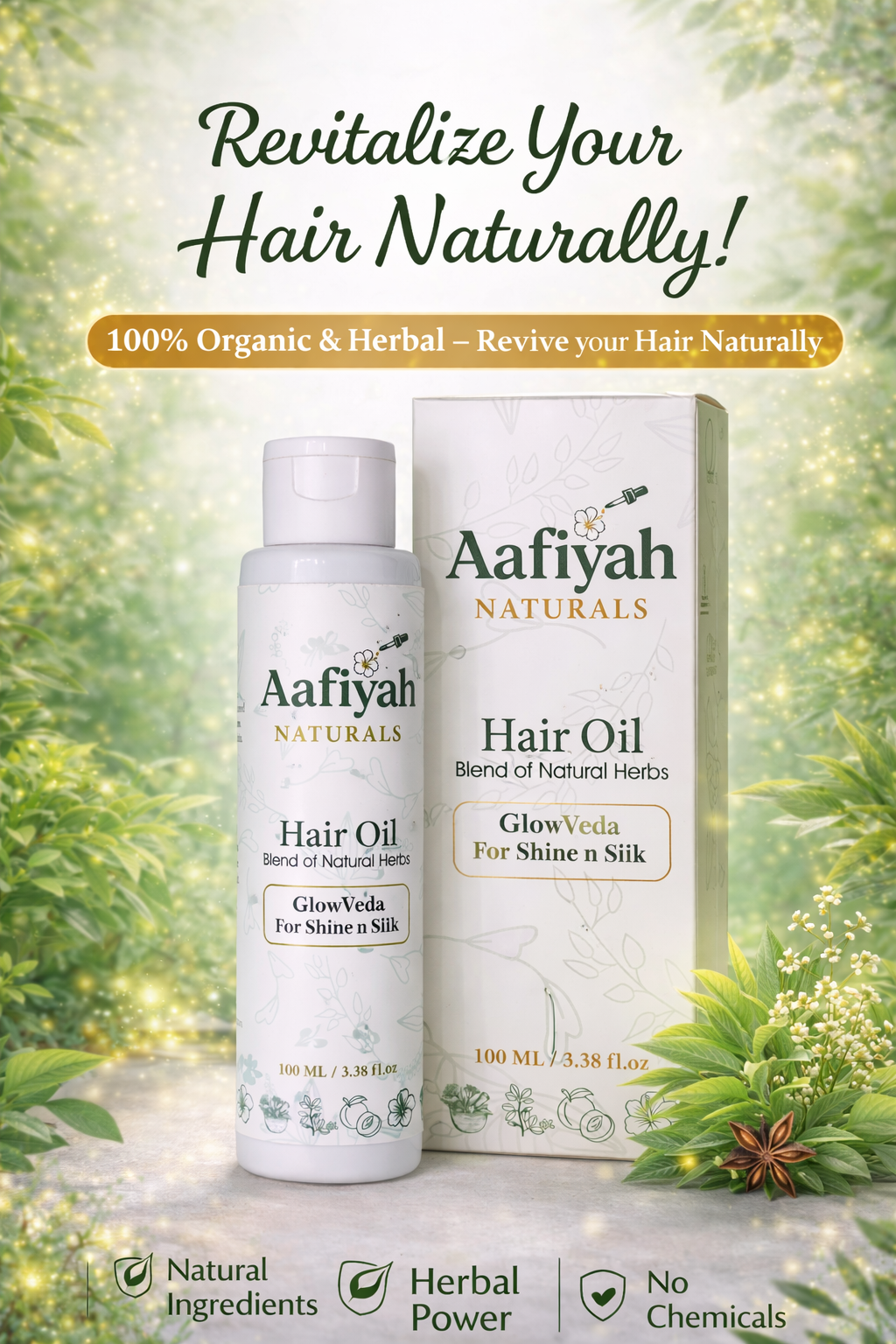 glowveda shine n silk aafiyah natural hair oil for shiny, silky hairs